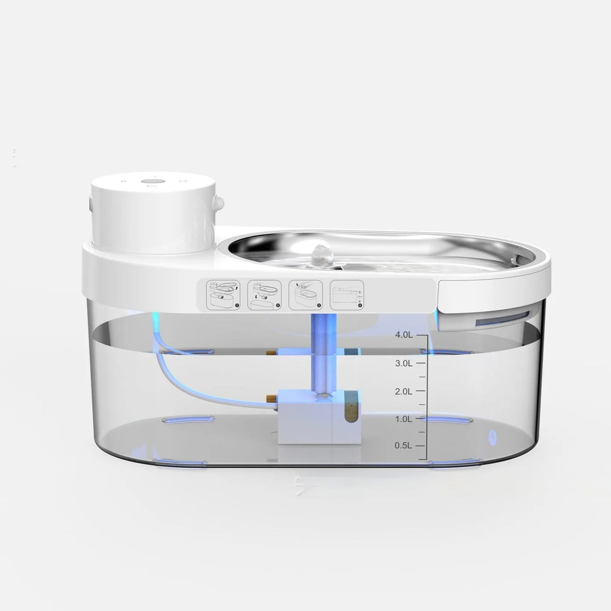 Stainless Steel Pet Water Dispenser, Wireless Water and Electricity Separation, 5V/1A USB Powered, 5W with Built-in Battery, for Dogs Cats, 306 x 176 x 155 mm, ABS+PC+Stainless Steel, Black or White, English or Chinese Interface