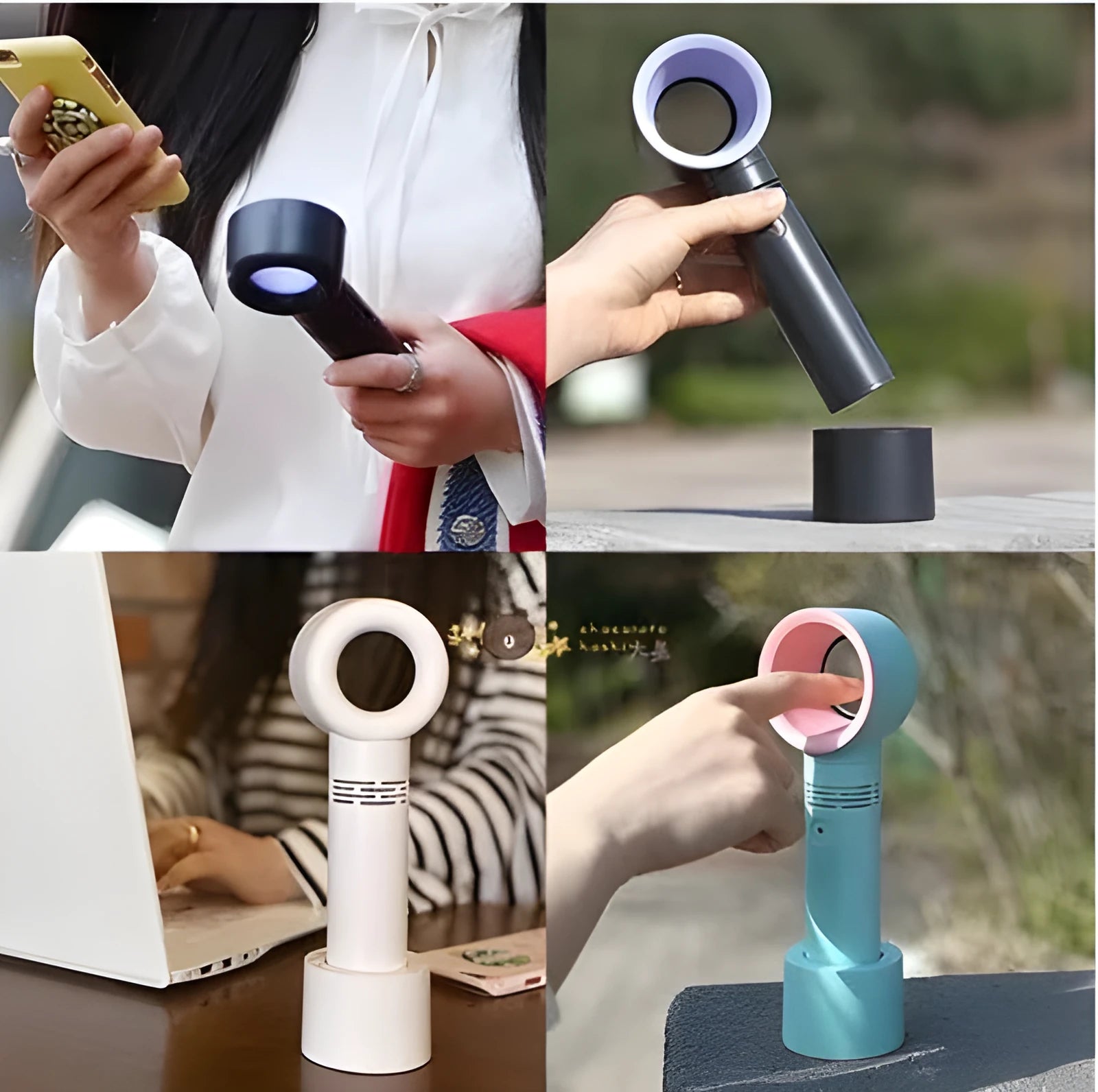 A compact USB rechargeable bladeless portable fan in various colours on its base.