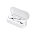 Black and white wireless Bluetooth 5.0 earbuds with USB charging dock showing true wireless design