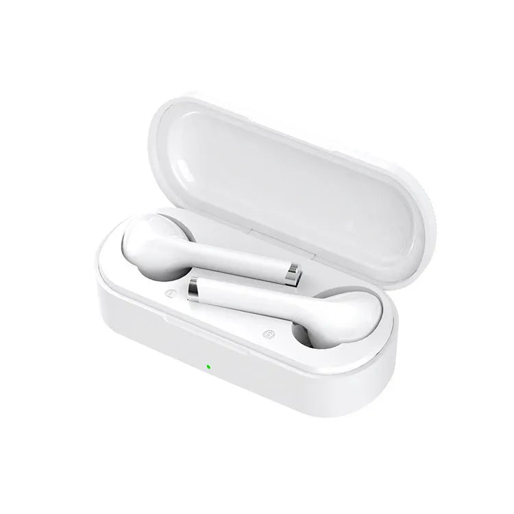 Black and white wireless Bluetooth 5.0 earbuds with USB charging dock showing true wireless design