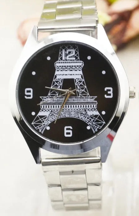 Eiffel Tower wrist watch with stainless steel case and black leather strap