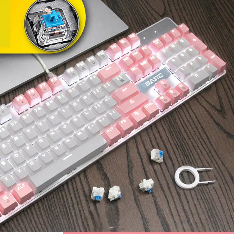 Pink wired mechanical keyboard with 104 keys and USB cable, available with green, black, or red axis switches