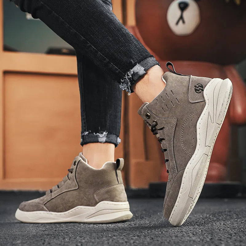 High-top board shoe in khaki with round toe and low heel
