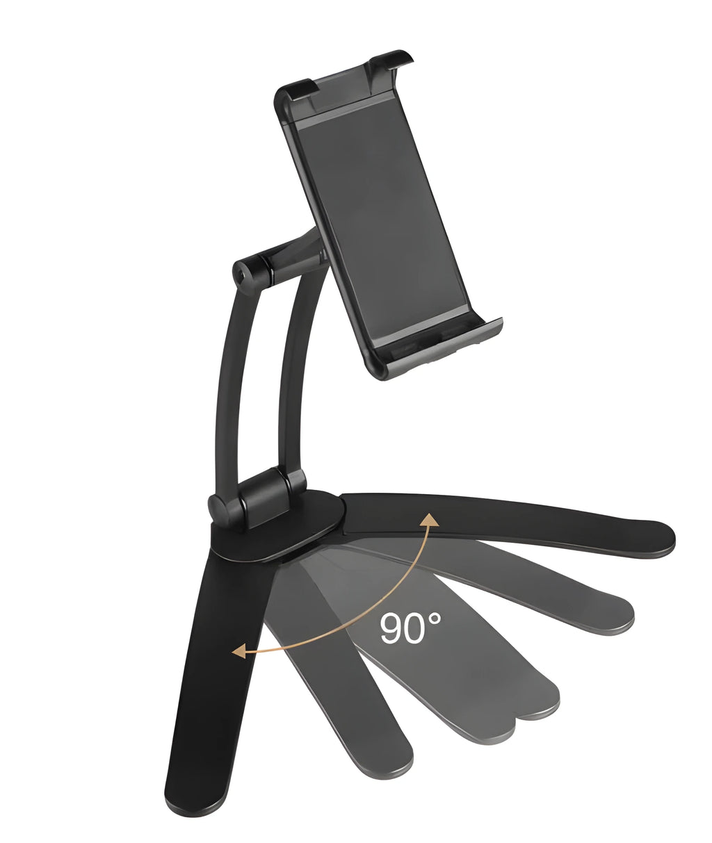 Silver aluminium alloy desktop stand holding a tablet, showing 360-degree rotation and adjustable clamp mechanism.
