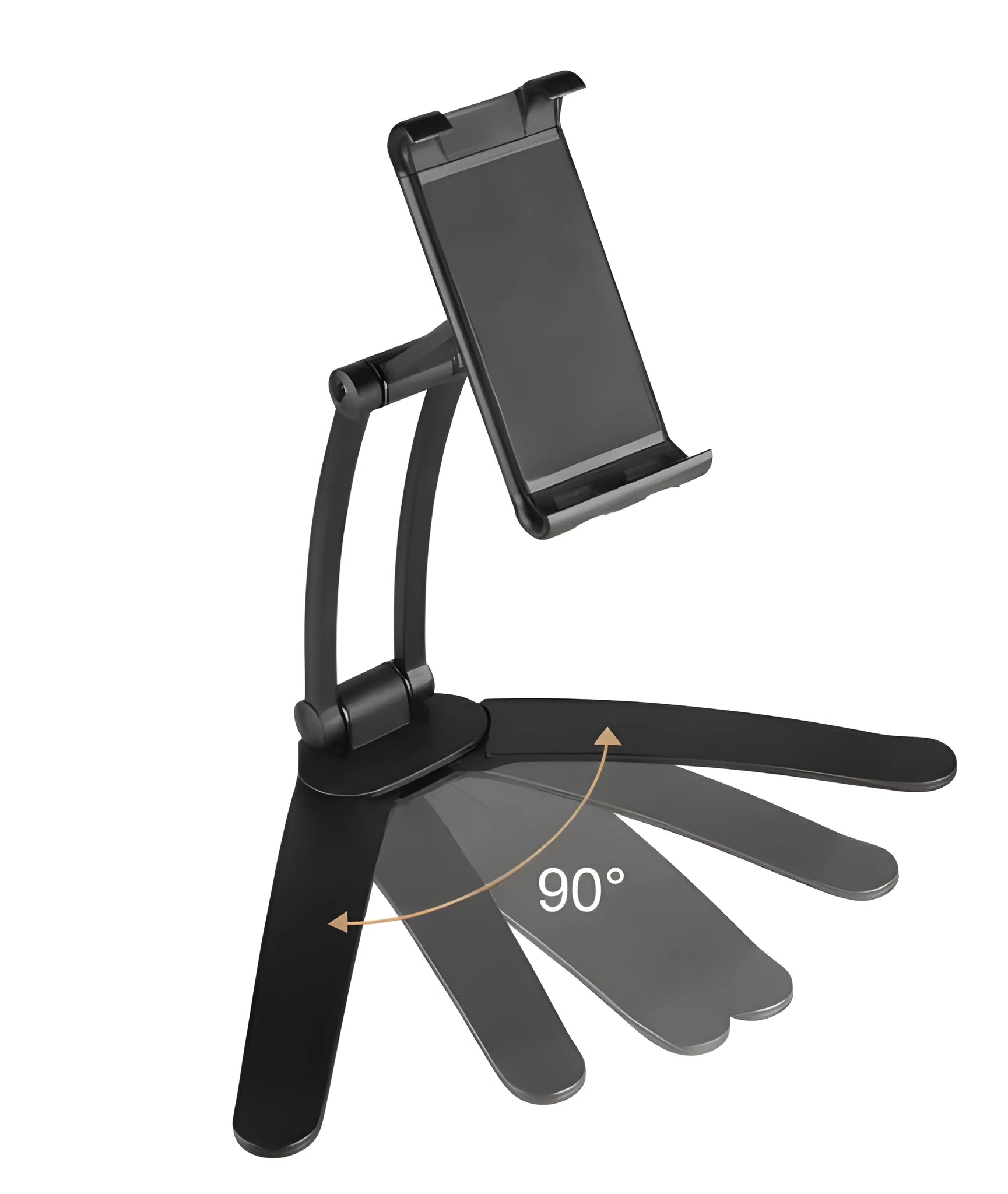 Silver aluminium alloy desktop stand holding a tablet, showing 360-degree rotation and adjustable clamp mechanism.