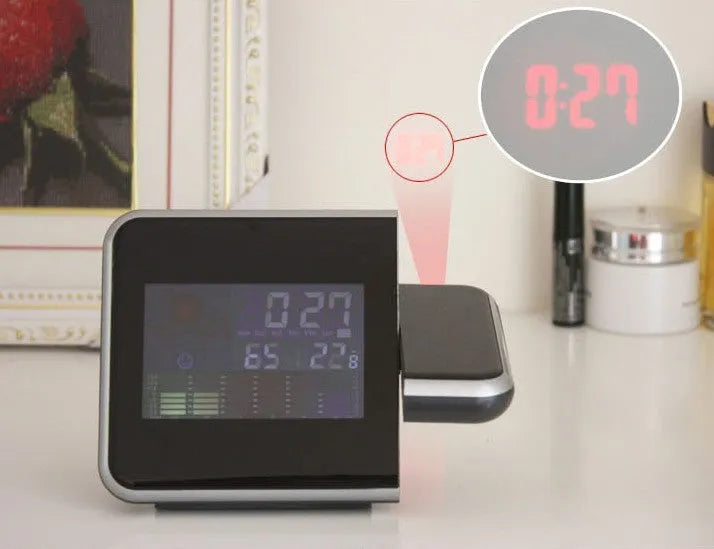 Digital electronic table clock, plastic, 16 x 6 x 12 cm, shown in Black USB and White USB options.