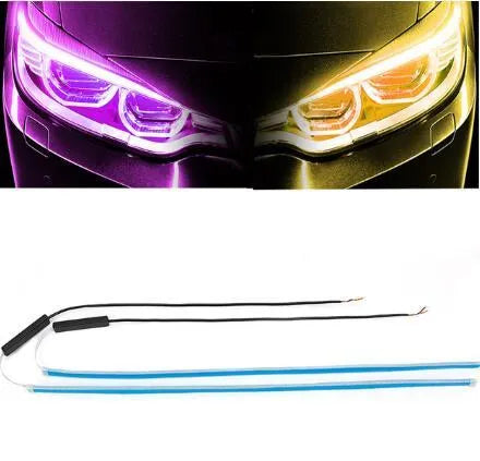 60cm ultra-thin car LED tear light guide strip in white yellow two-colour mode on a dark background