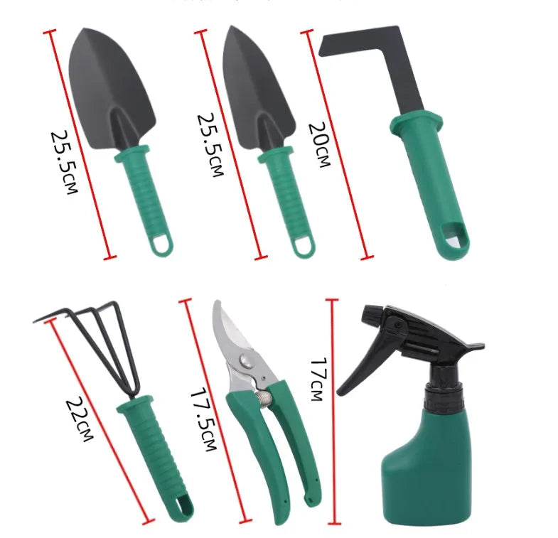 Ten-piece gardening tool set with iron heads and plastic handles in green colour