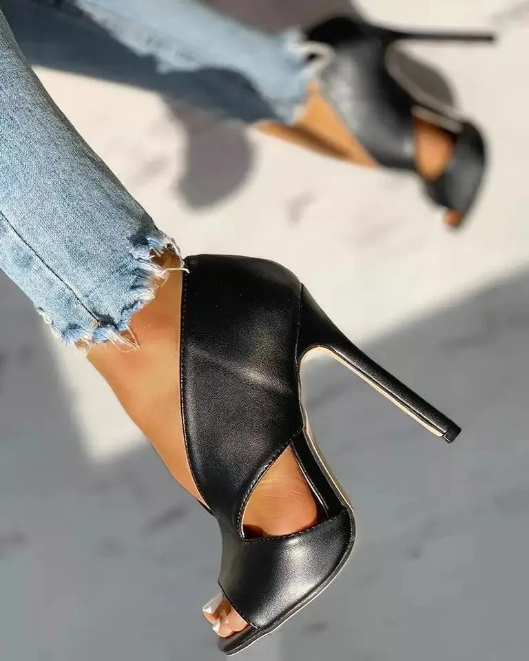 Women's high heel thin heel sandals, fish mouth toe, open side, artificial PU upper, rubber sole, black or brown