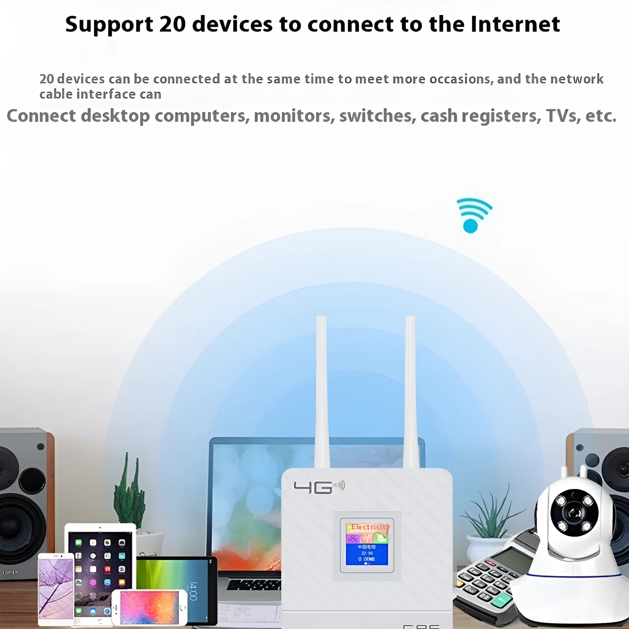 Home office LTE router with two antennas and USB cable on a desk