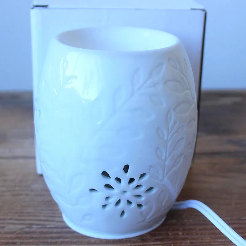 White porcelain ceramic aroma lamp incense burner with colour glaze finish and pavilion pattern