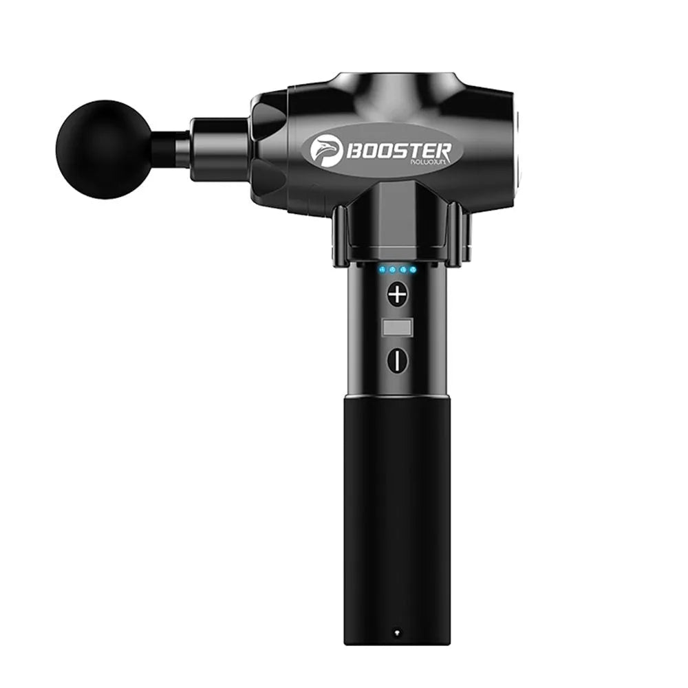 Black and white deep tissue massage gun with adjustable speed settings on display.