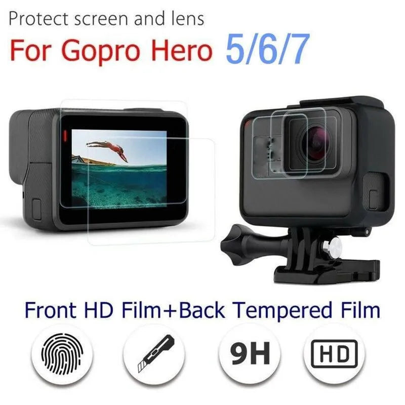 Transparent 9H tempered glass lens and screen protector films for GoPro Hero 5, 6, 7 cameras