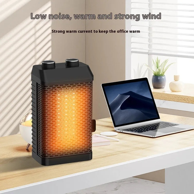 Black remote-controlled desktop heater with compact design and oscillating air vent
