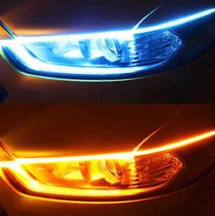 60cm ultra-thin car LED tear light guide strip in white yellow two-colour mode on a dark background
