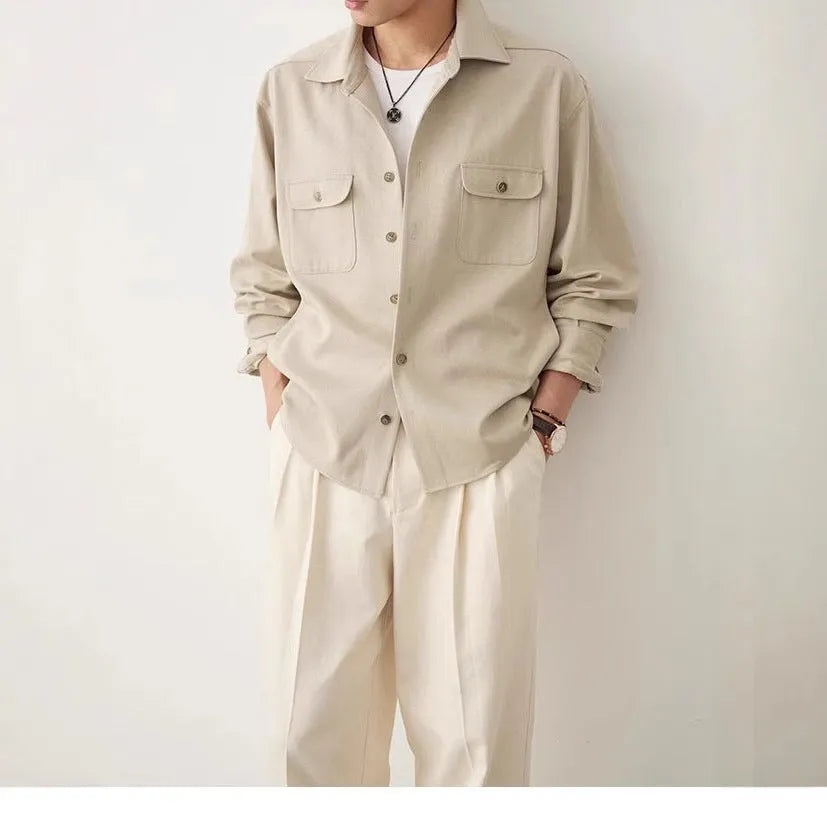 Men's simple profile shirt with cotton lapel in light sand rice colour, long sleeves