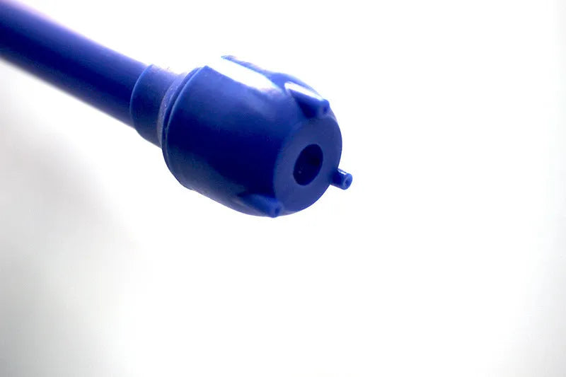 Blue manual hand siphon pump for transferring fuel, oil, and liquids.