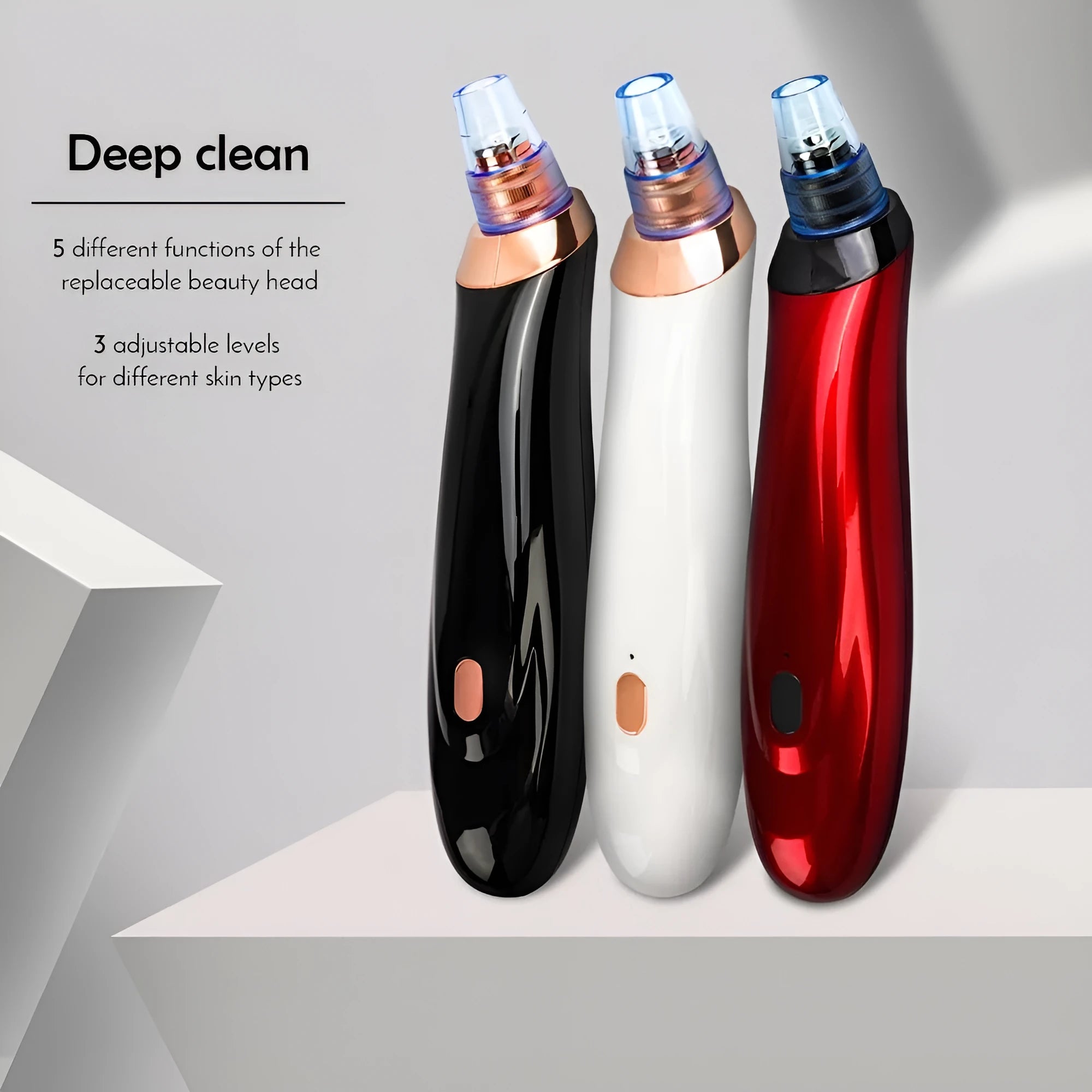 Black electric blackhead extractor device with multiple nozzle attachments for skin pore cleaning