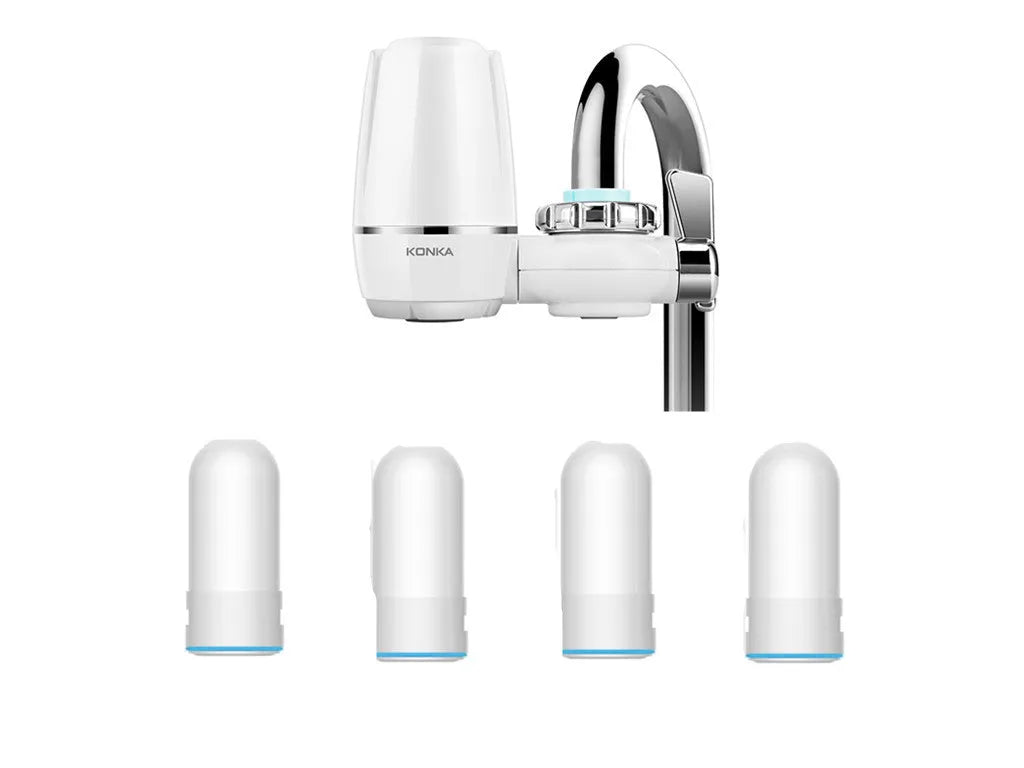 White plastic faucet water filter with ceramic cartridge and universal tap adapter kit.