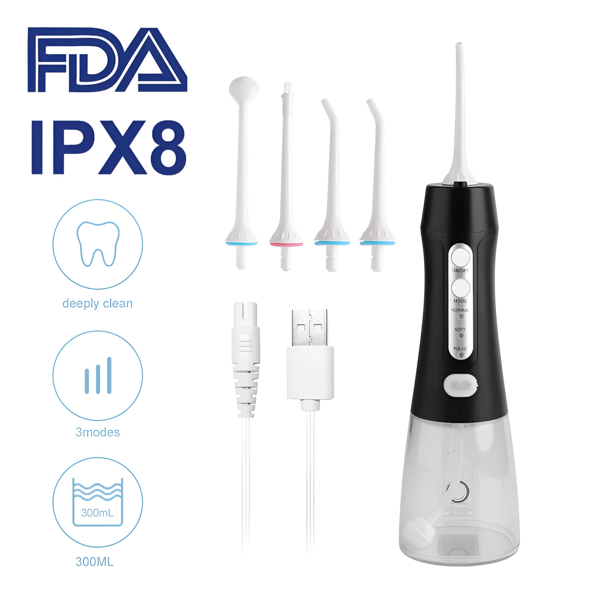 Portable electric tooth pulse water flosser with 300ml tank and three pressure modes in avocado green