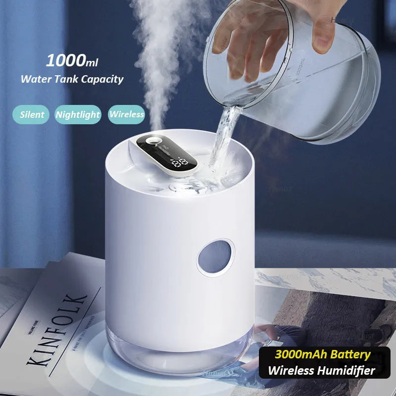Wireless USB humidifier for rooms under 10 square metres, 1.0-2.5 litre tank, blue pink or white