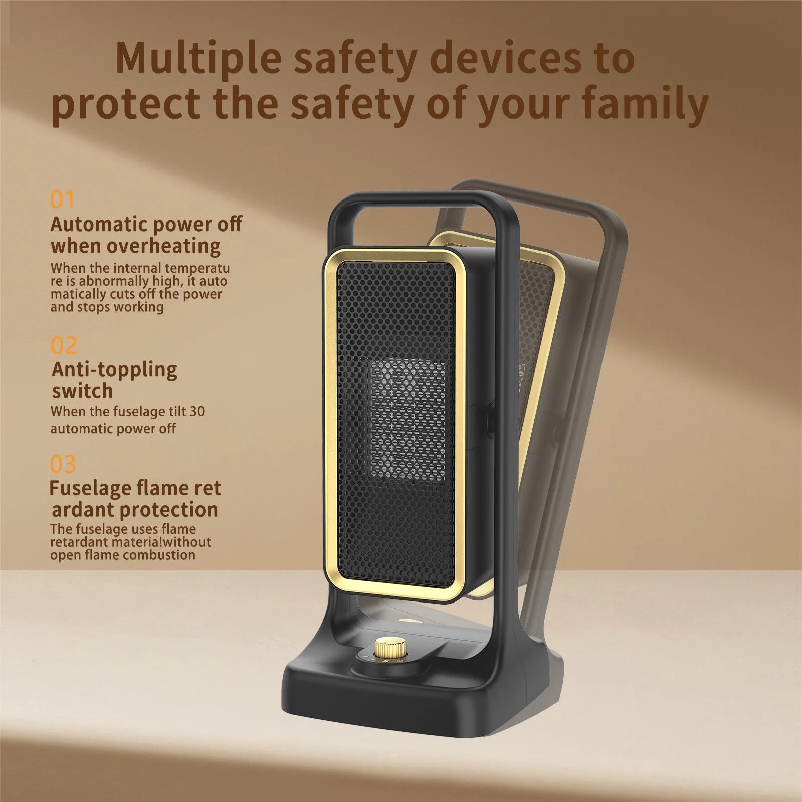 Black PTC ceramic desktop air heater with control knob on a flat surface.