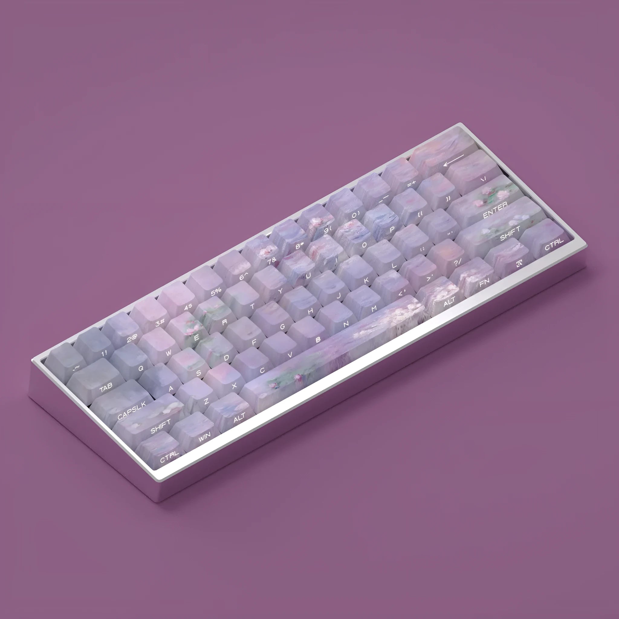 Wenshao Sleeping Lotus PBT keycap set with side-carved legends, showing 130 keys for mechanical keyboards.