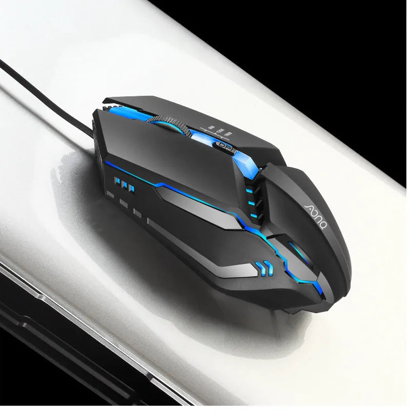 M3 wired USB mouse in black with adjustable DPI settings on a desk