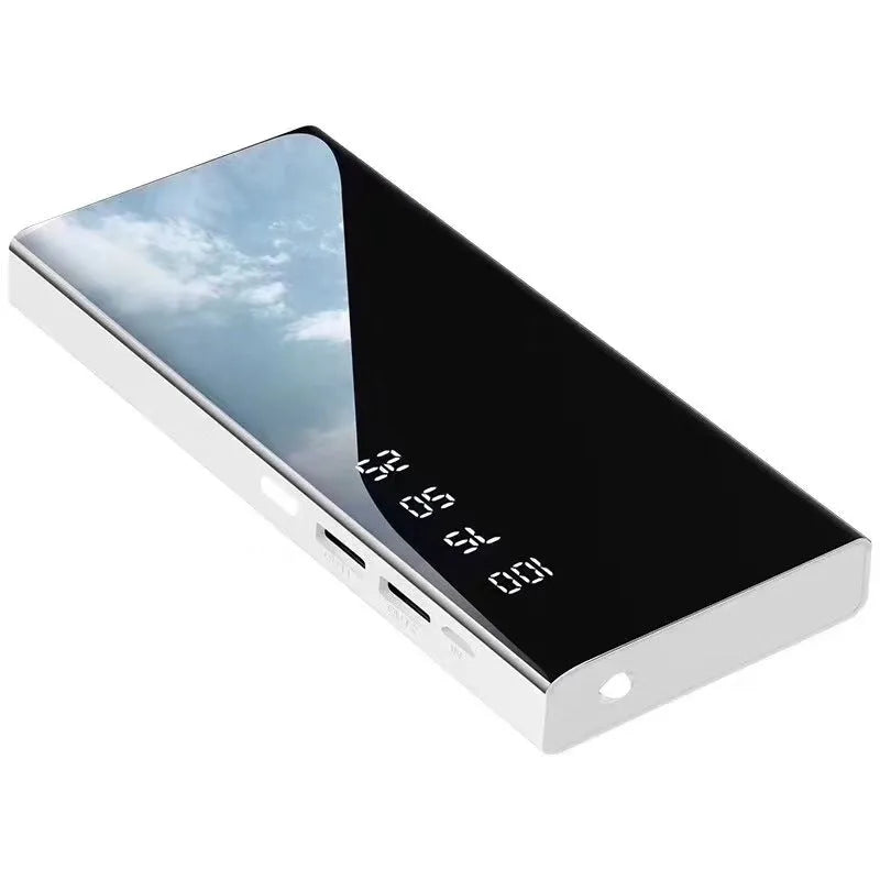 Black 20000mAh power bank with LCD display showing battery percentage and dual USB ports