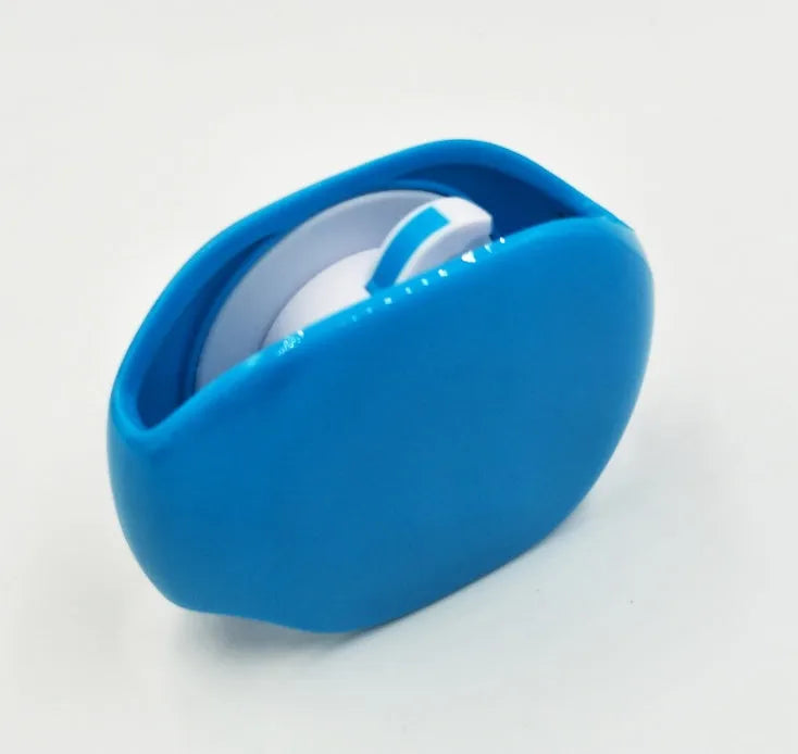 Automatic earphone cable winder retractor in blue, showing compact size next to a 3.5mm jack.