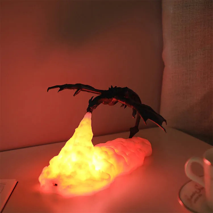 3D printed dragon night light with warm red breathing effect and USB charging cable