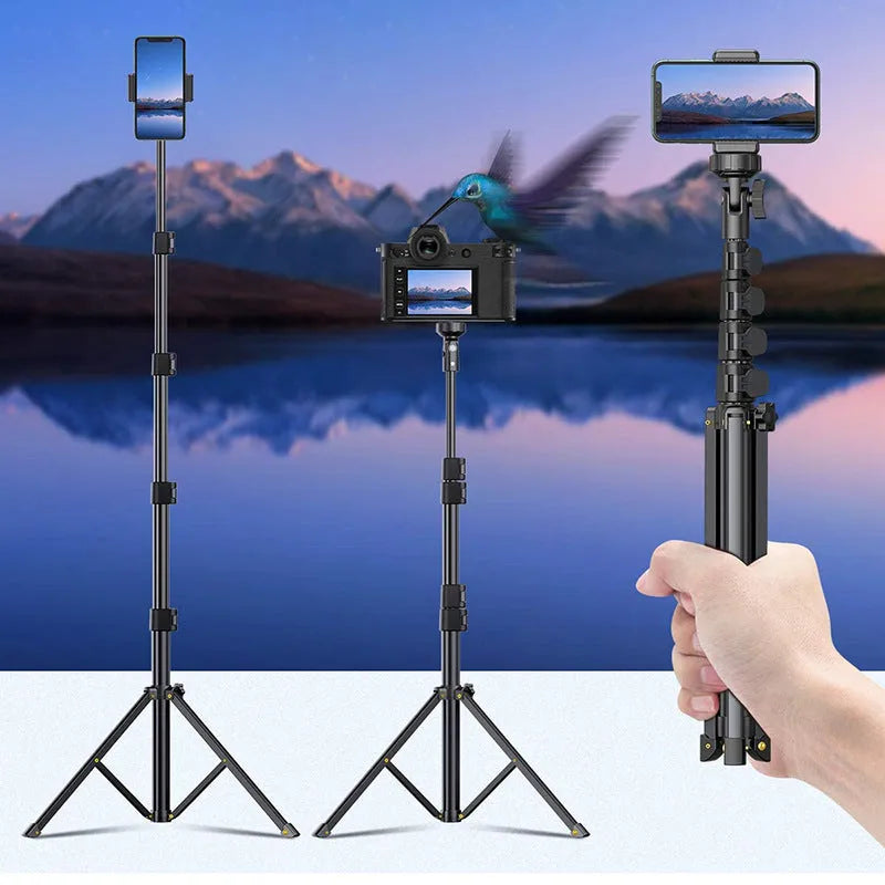 Black aluminium selfie stick tripod collapsed to 45cm with smartphone mount