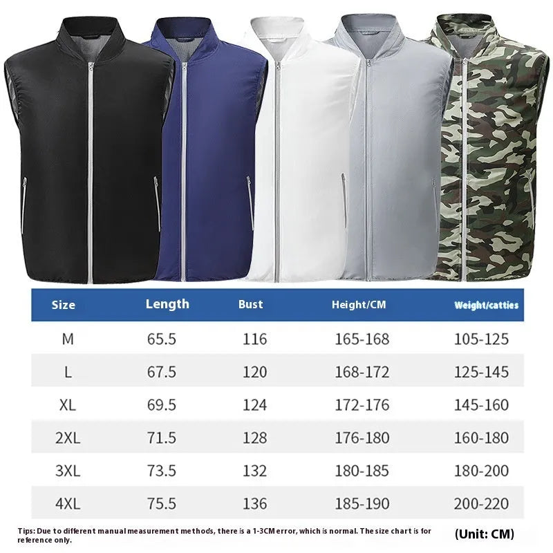 Men's outdoor cooling vest with fan and power bank in camouflage colour on a model for summer workwear
