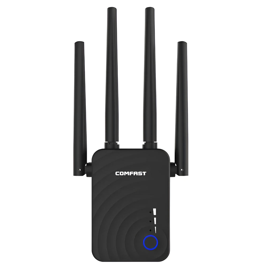 Dual-band AC1200 wireless relay router with four 3dBi antennas, four RJ-45 ports, black or white