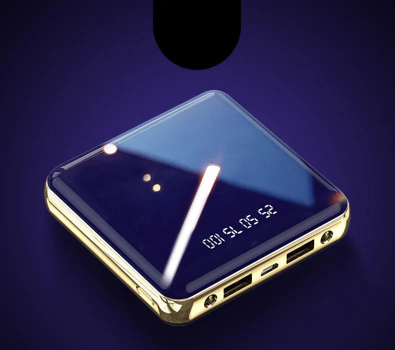 Compact square blue mini power bank with multiple USB ports showing 20000mAh capacity