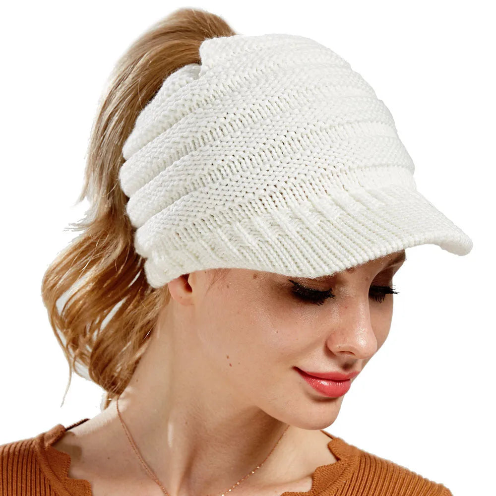 Women's acrylic ponytail beanie hat with hair opening in multiple colour options