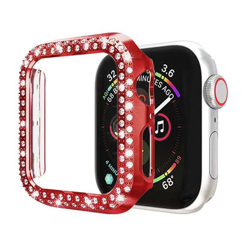 Apple Watch case in PC, shown in black, gold, green, pink, purple, red, rose gold, silver, and transparent, sizes 38mm to 44mm