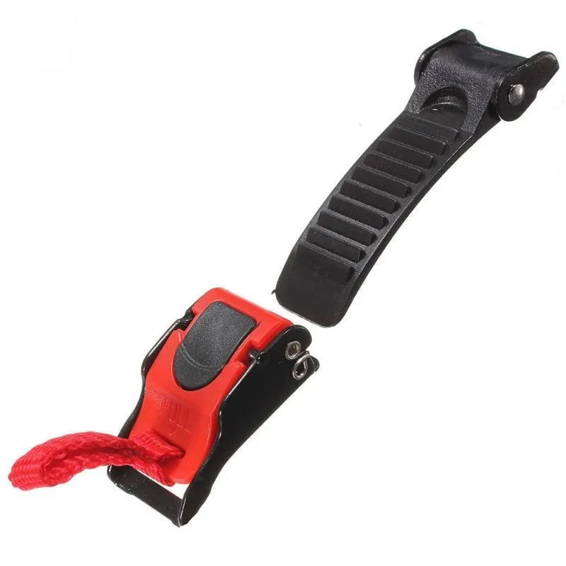 Three black and red plastic quick-release helmet chin strap buckles on white background