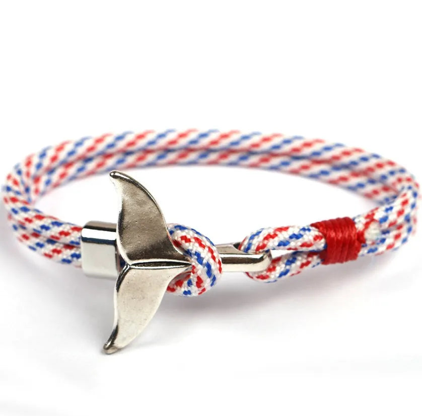 Handmade braided umbrella rope bracelet with plated alloy anchor and whale tail charms, 21cm length, shown in multiple colours