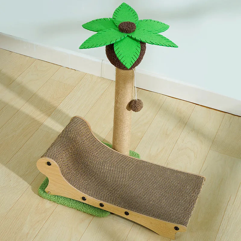 Wooden beach chair style cat climbing frame with integrated nest, scratch board, and hemp mat