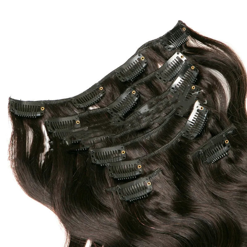 Seven-piece clip-in real human hair extension set in 16-24 inch lengths with clips and headgear