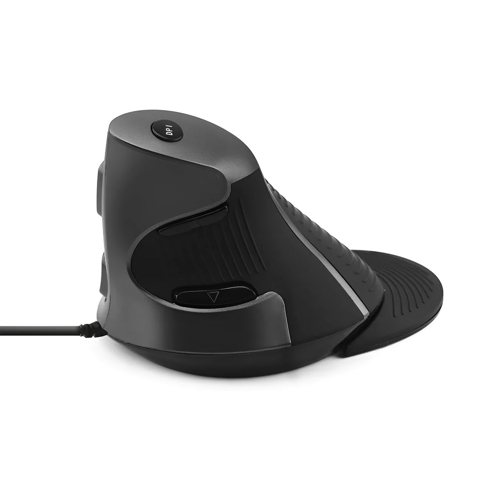 Vertical ergonomic wired optical mouse in black showing natural handshake positioning
