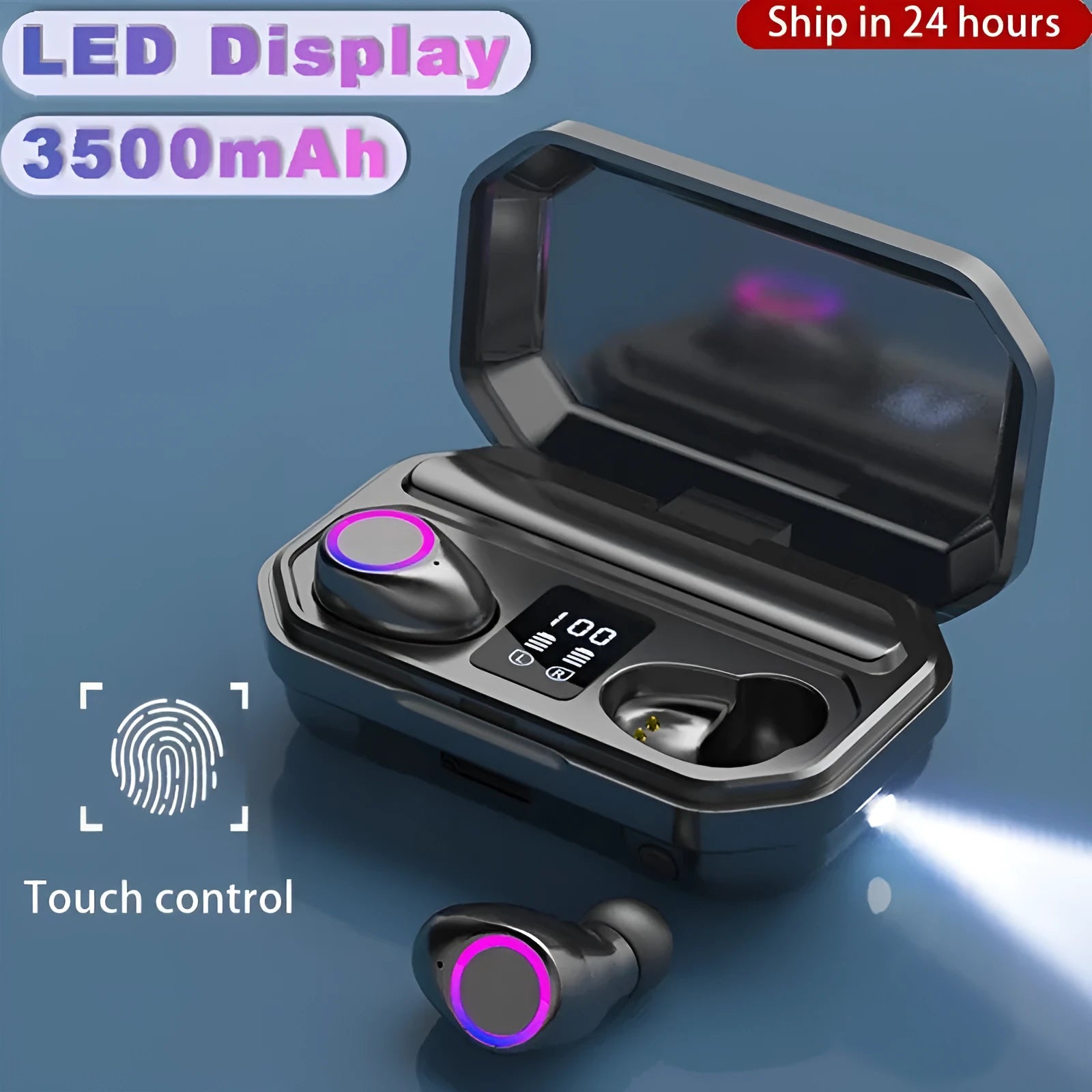 Wireless Bluetooth earplug headphones with charging case showing LED power display