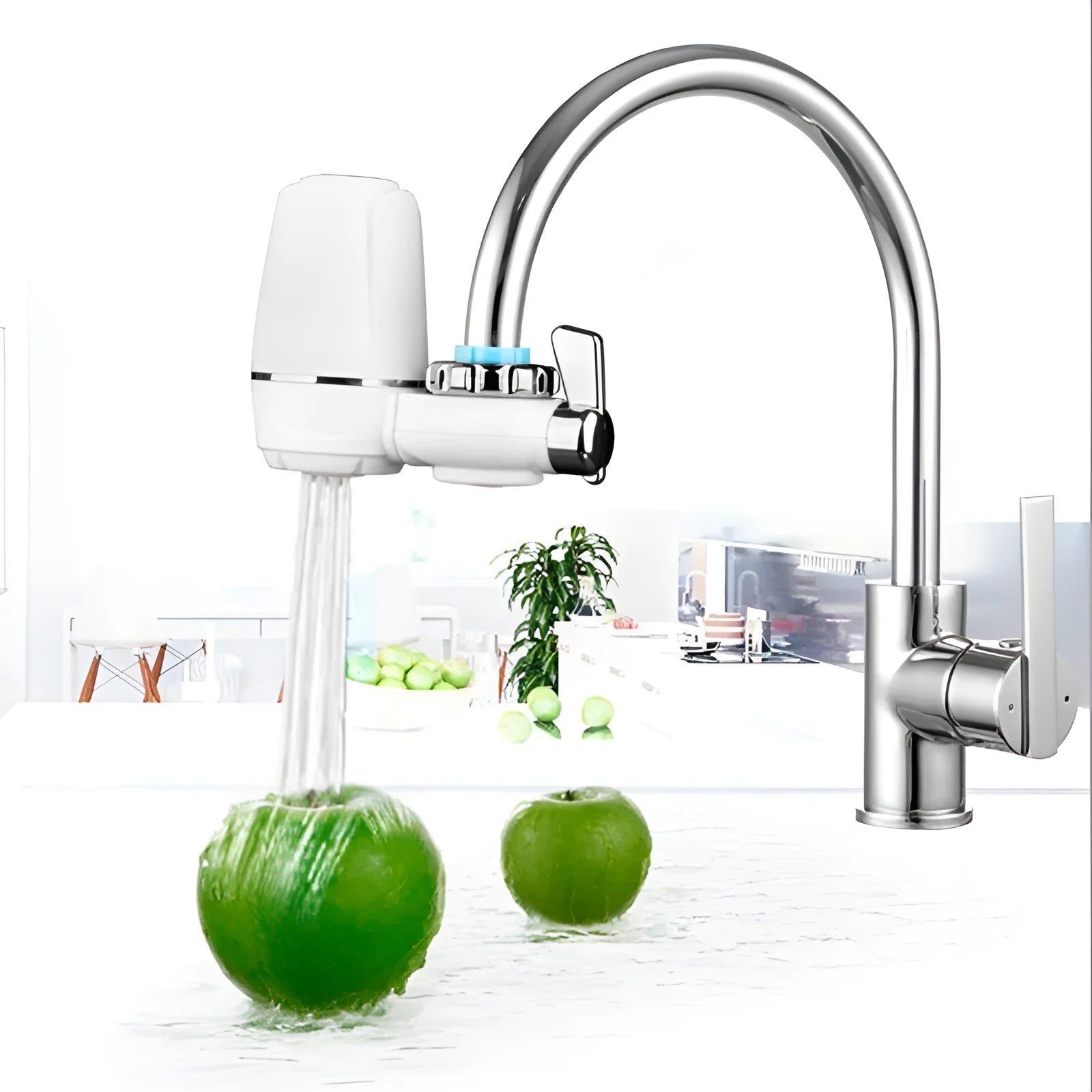 White plastic faucet water filter with ceramic cartridge and universal tap adapter kit.