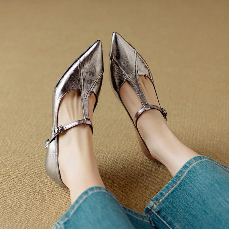 Genuine leather Mary Jane shoes with chunky heel in gun metal and pink colours featuring sheepskin lining