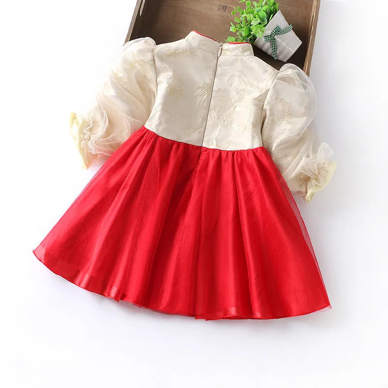 Red girls flower print dress made of chemical fibre blend, suitable for spring and autumn, height size 85cm