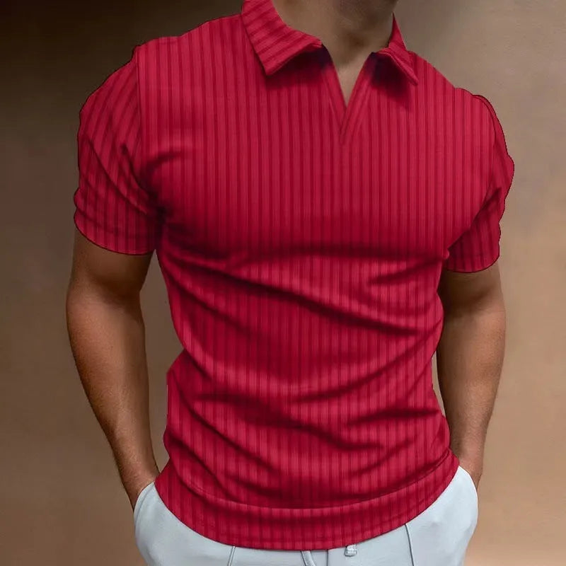 Men's striped V-neck short sleeve polo shirt in a cotton blend fabric for summer sports.