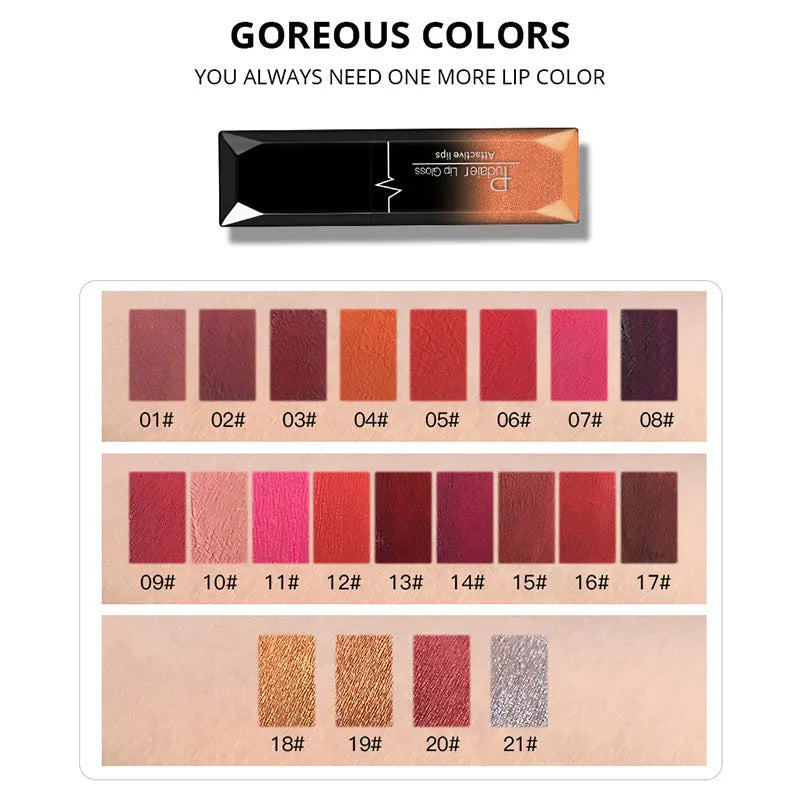 8ml matte lip gloss with 21 colour options, long-lasting waterproof finish in a tube