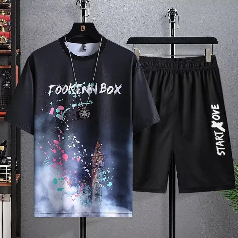 Men's summer ice silk suit featuring short sleeve T-shirt and matching shorts in polyester fabric