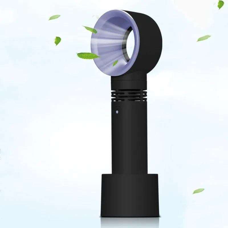 A compact USB rechargeable bladeless portable fan in various colours on its base.